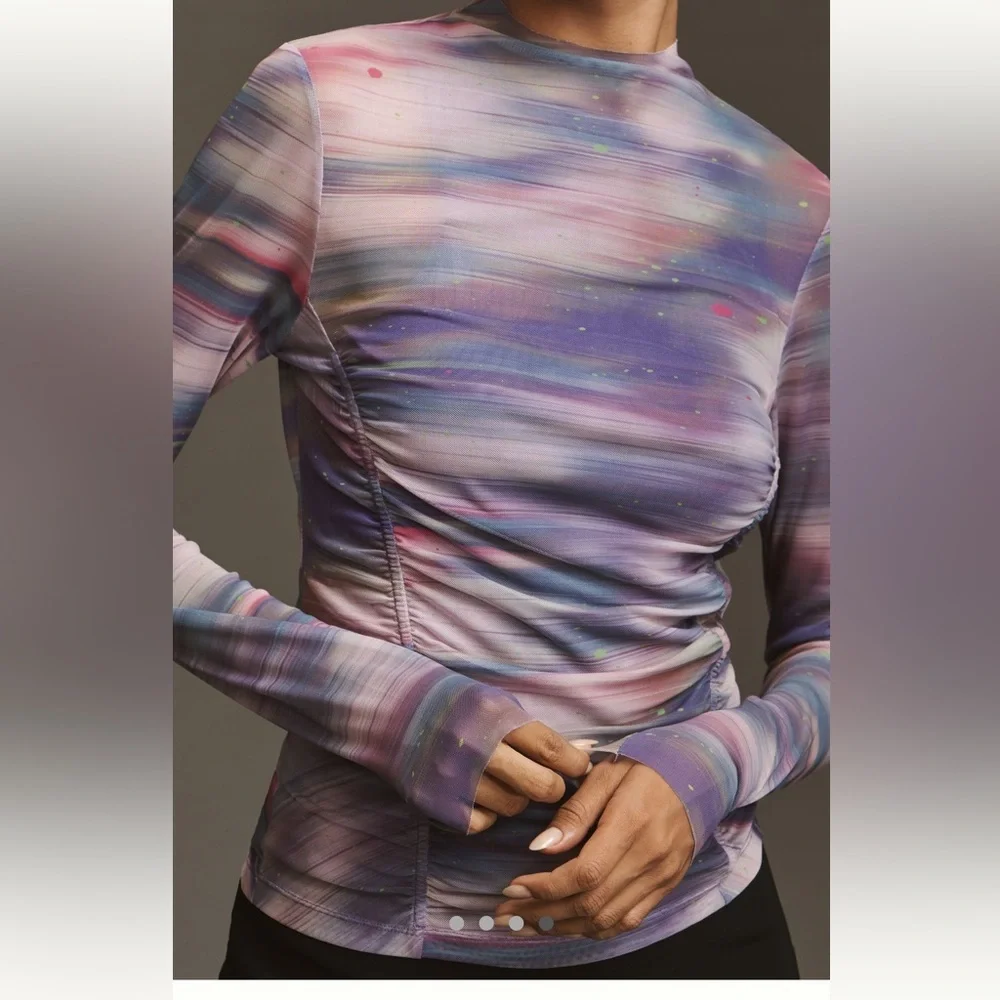 Anthropologie Mesh Top Size Medium Purple Pattern Double Layer Long Sleeve - Picture 2 of 15